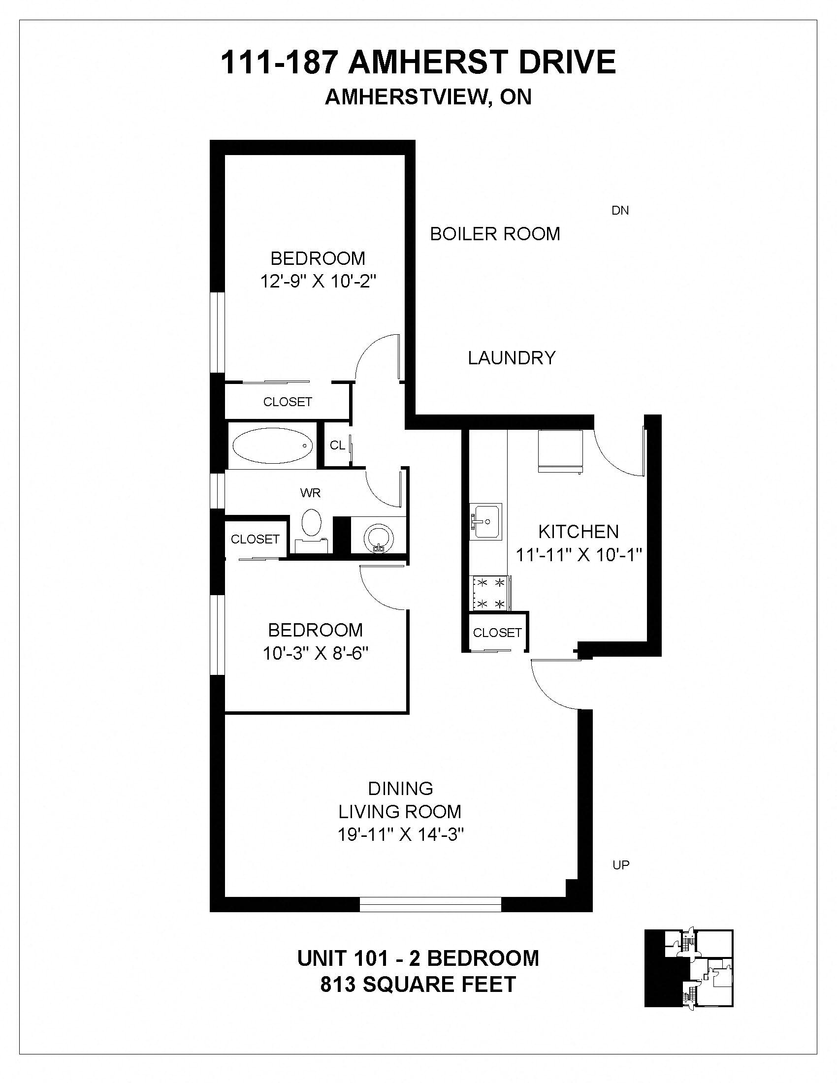 Floor plan for 2 beds, 1 bath, 634 sqft